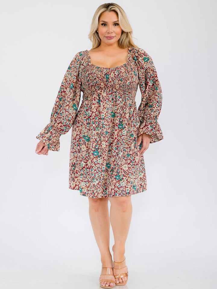 PLUS SIZE LONG SLEEVE SMOCK TUNIC FLORAL MINI DRESS