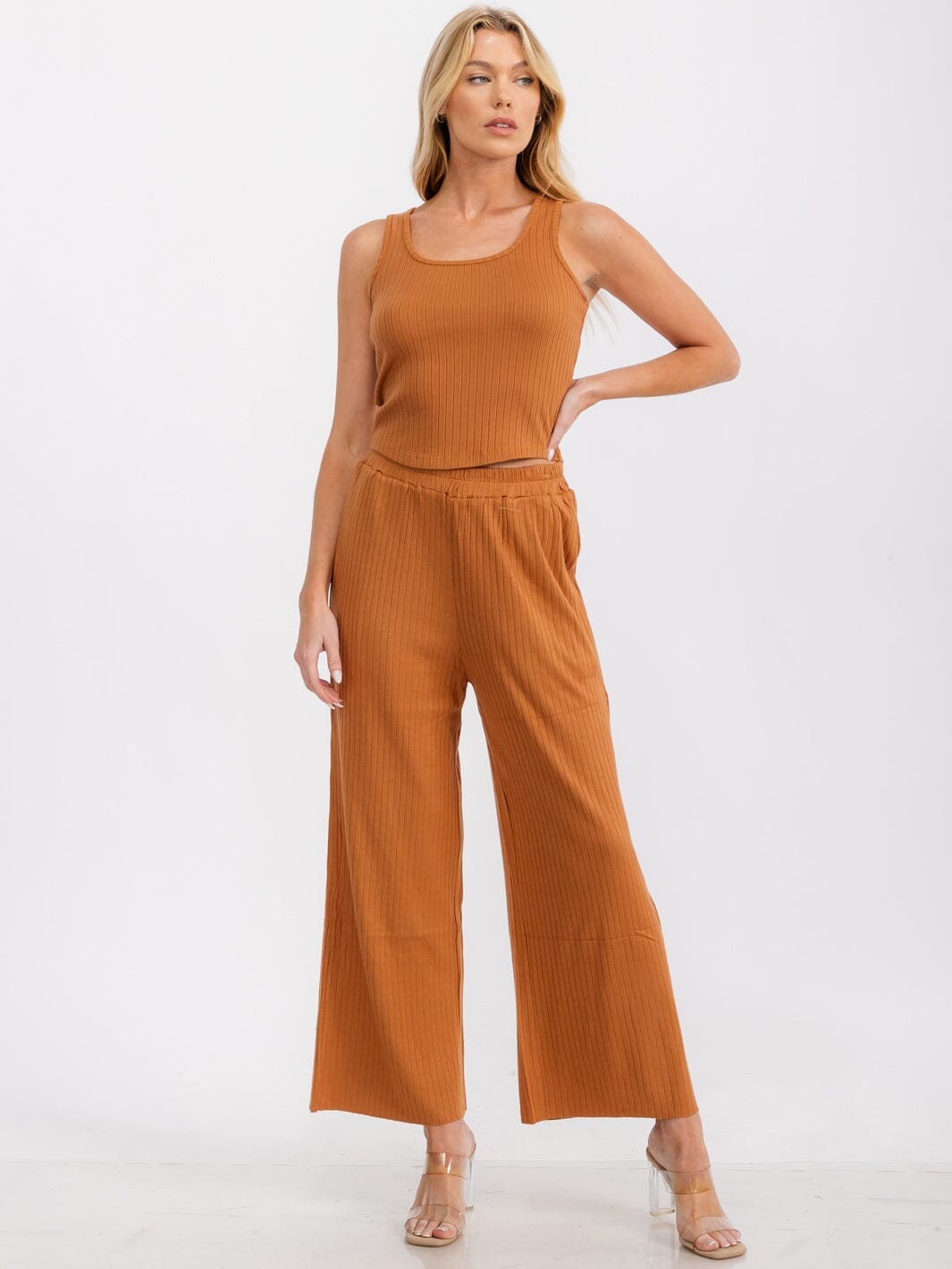 WOMEN'S SLEEVELESS TANK TOP & ELASTIC WAIST PANTS RIBBED 2PC SET