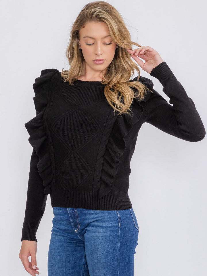 WOMEN'S LONG SLEEVE RUFFLE TRIM DETAILED PULLOVER SWEATER