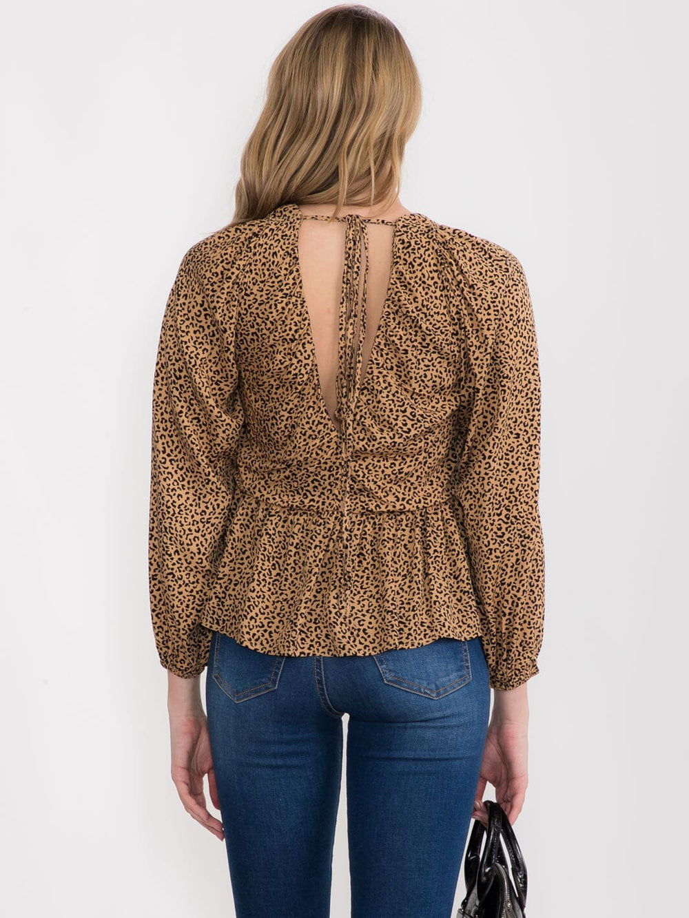 WOMEN'S LONG SLEEVE V-NECK ANIMAL PRINT PEPLUM BLOUSE