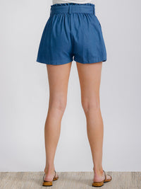 WOMEN'S ELASTIC WAIST FRONT POCKETS SELF TIE DENIM MINI SHORTS