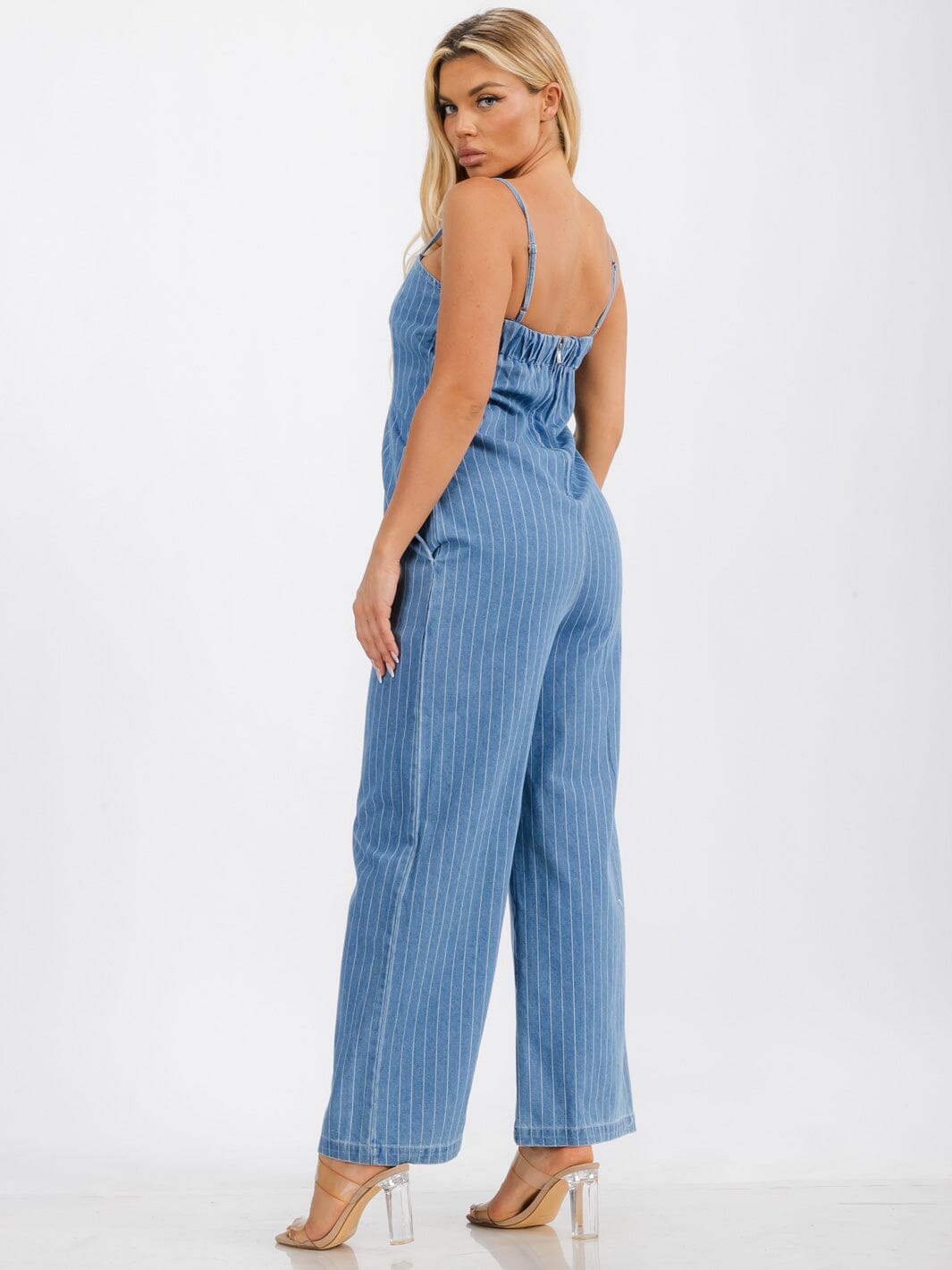 WOMENS' SLEEVELESS FRONT POCKETS STRIPES WIDE LEG DENIM JUMPSUIT