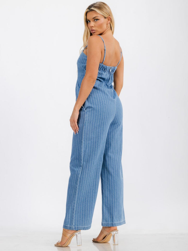 WOMENS' SLEEVELESS FRONT POCKETS STRIPES WIDE LEG DENIM JUMPSUIT
