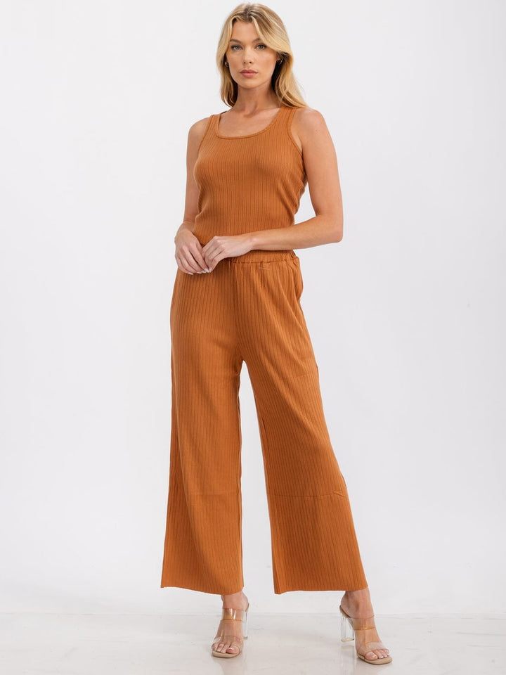 WOMEN'S SLEEVELESS TANK TOP & ELASTIC WAIST PANTS RIBBED 2PC SET