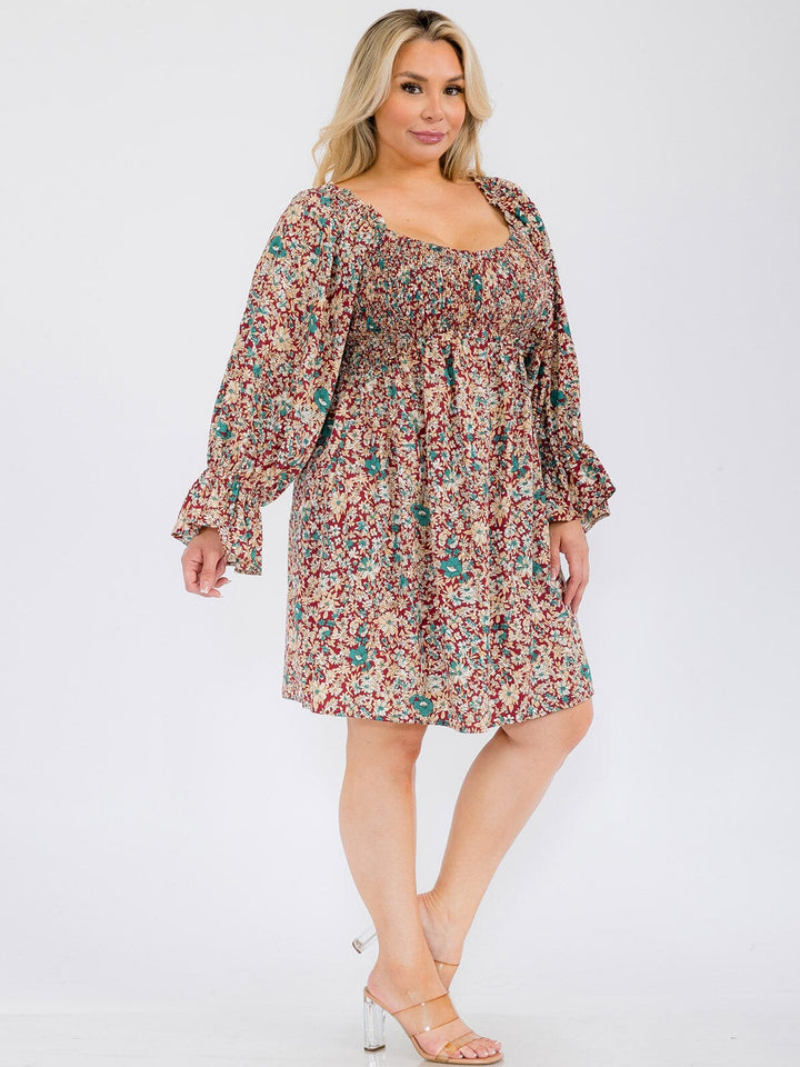 PLUS SIZE LONG SLEEVE SMOCK TUNIC FLORAL MINI DRESS