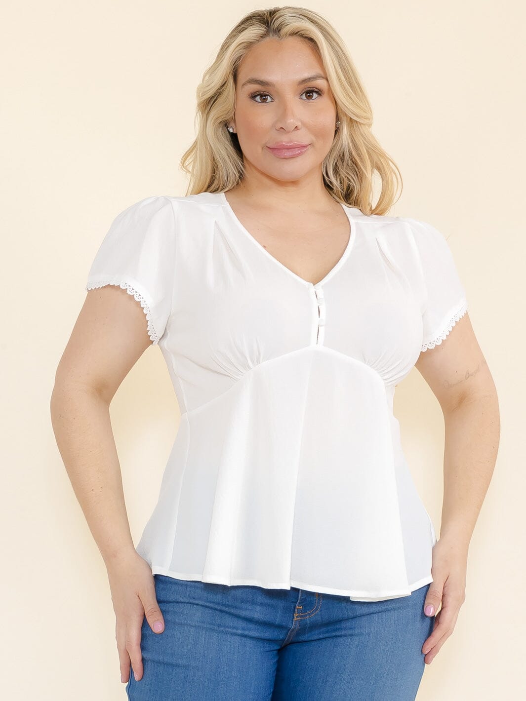 PLUS SIZE SHORT SLEEVE V-NECK BUTTON CLOSURE BLOUSE