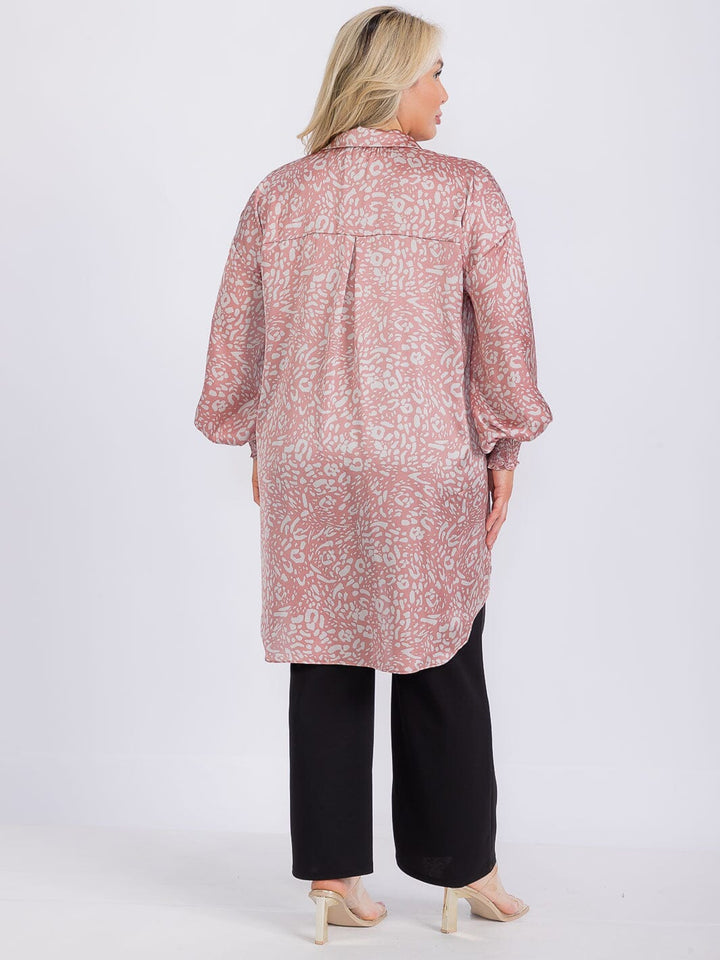 PLUS SIZE LONG SLEEVE BUTTON UP HIGH-LOW ANIMAL PRINT TUNIC MINI DRESS