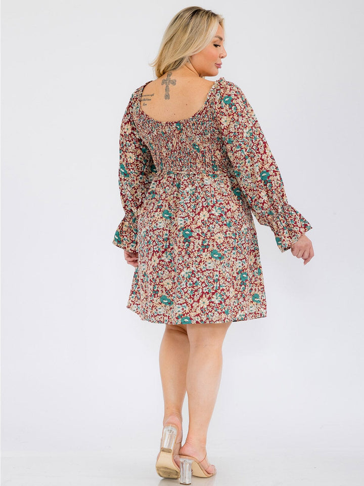 PLUS SIZE LONG SLEEVE SMOCK TUNIC FLORAL MINI DRESS