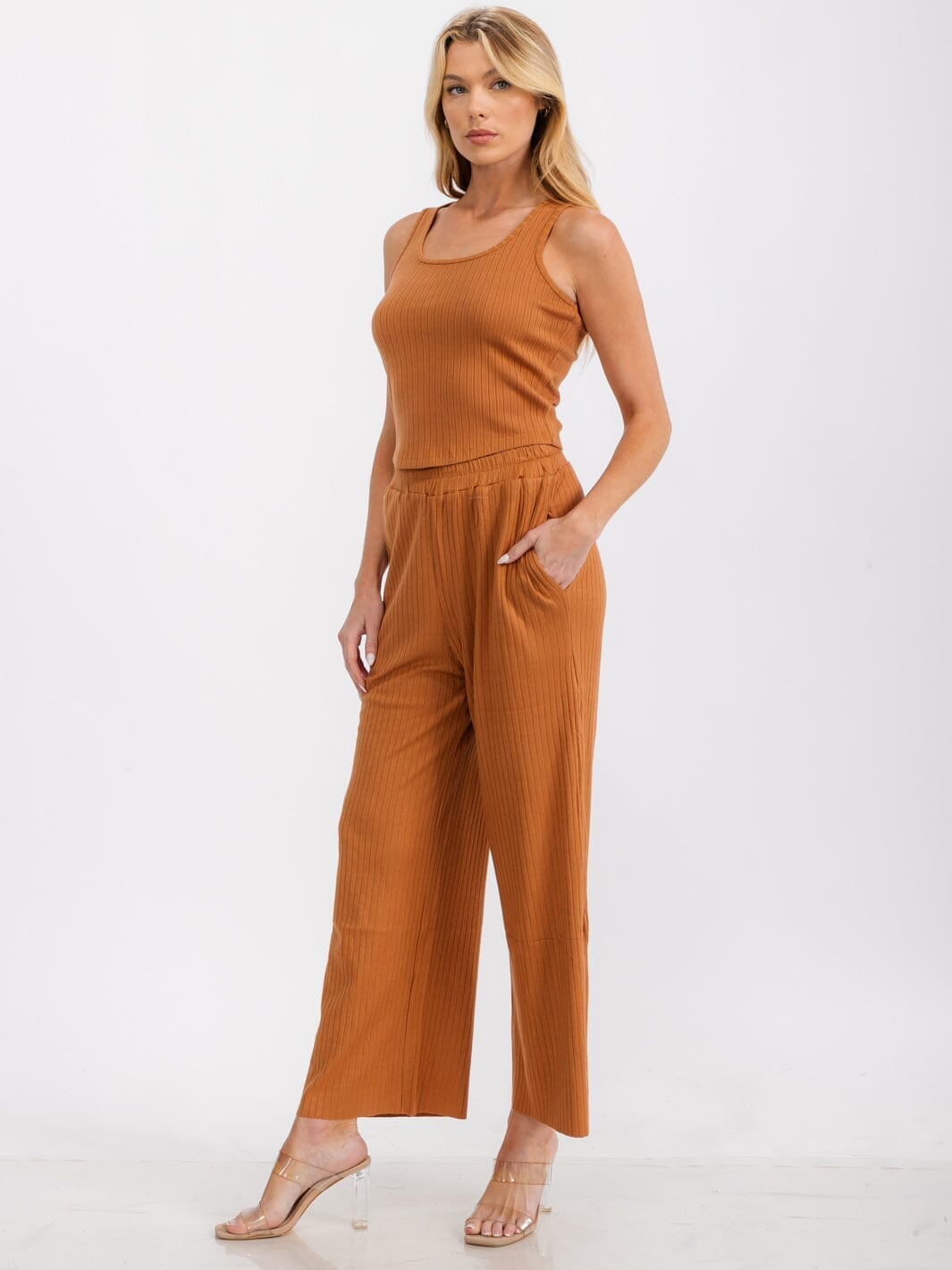 WOMEN'S SLEEVELESS TANK TOP & ELASTIC WAIST PANTS RIBBED 2PC SET