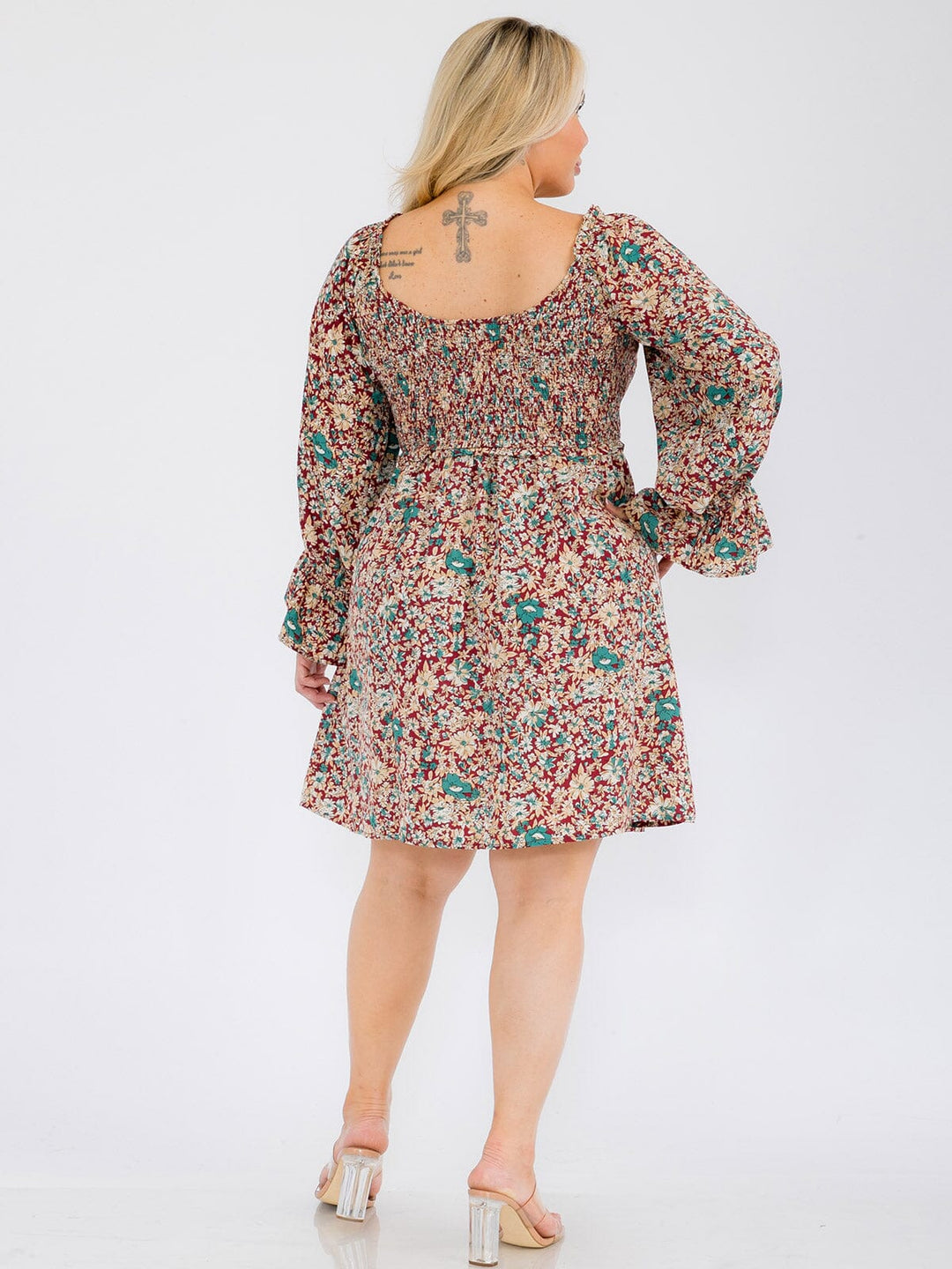 PLUS SIZE LONG SLEEVE SMOCK TUNIC FLORAL MINI DRESS