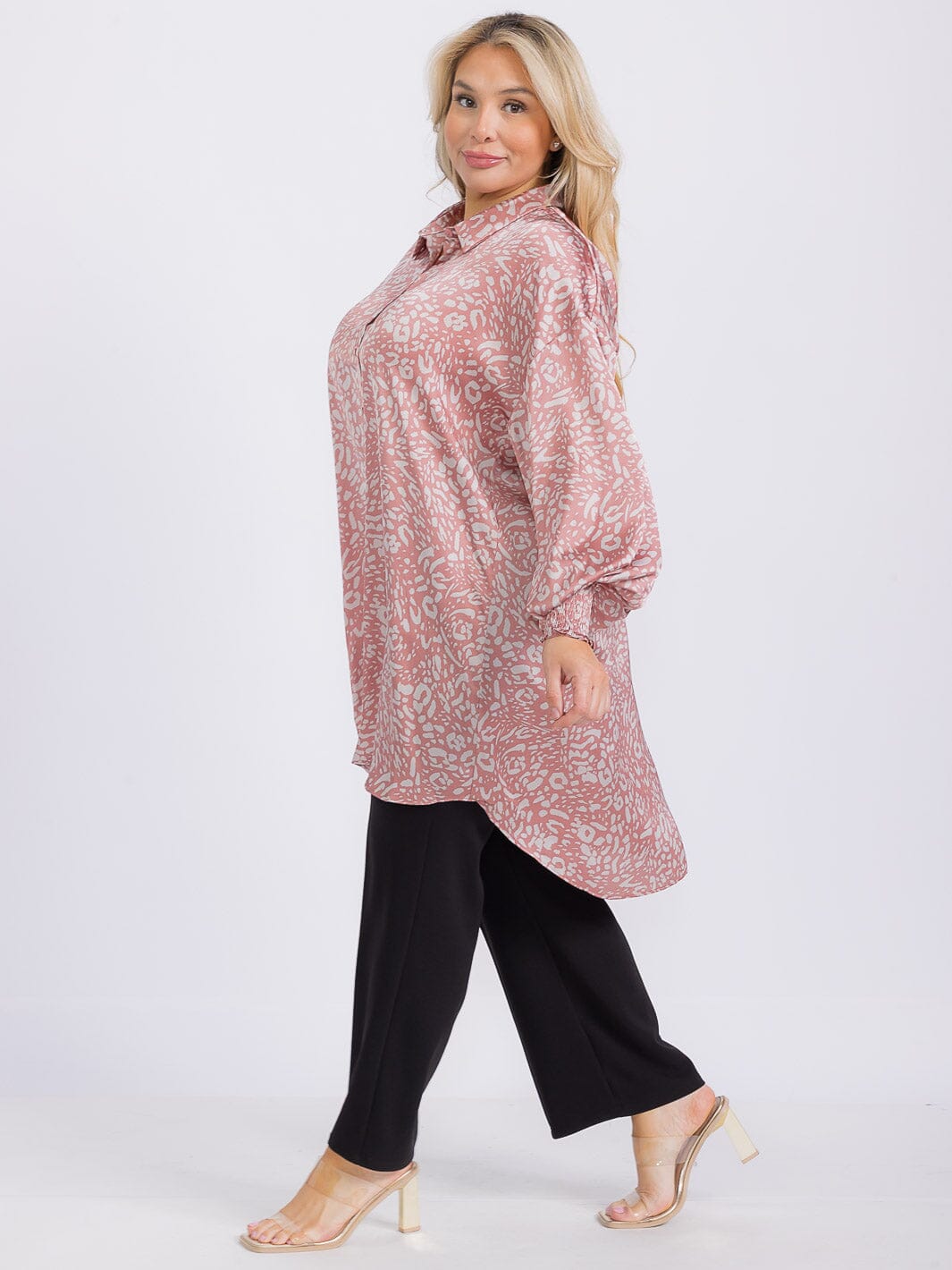 PLUS SIZE LONG SLEEVE BUTTON UP HIGH-LOW ANIMAL PRINT TUNIC MINI DRESS