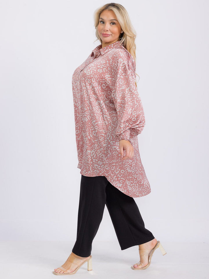 PLUS SIZE LONG SLEEVE BUTTON UP HIGH-LOW ANIMAL PRINT TUNIC MINI DRESS