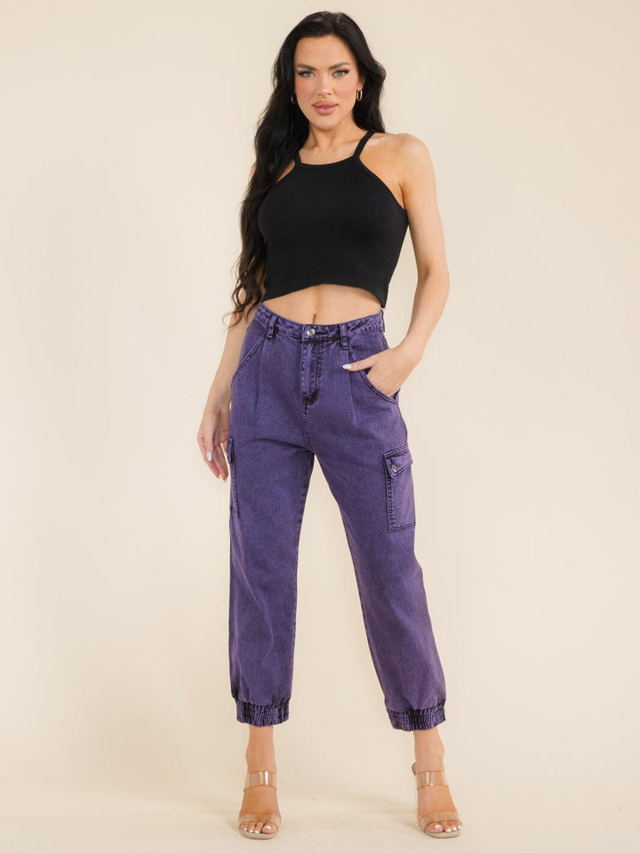 WOMEN'S BUTTON CLOSURE FRONT POCKETS WASHED JOGGER DENIM PANTS