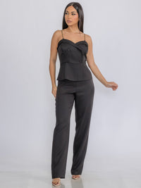 WOMEN'S SLEEVELESS SURPLICE BUTTONS DETAILED WIDE LEG JUMPSUIT