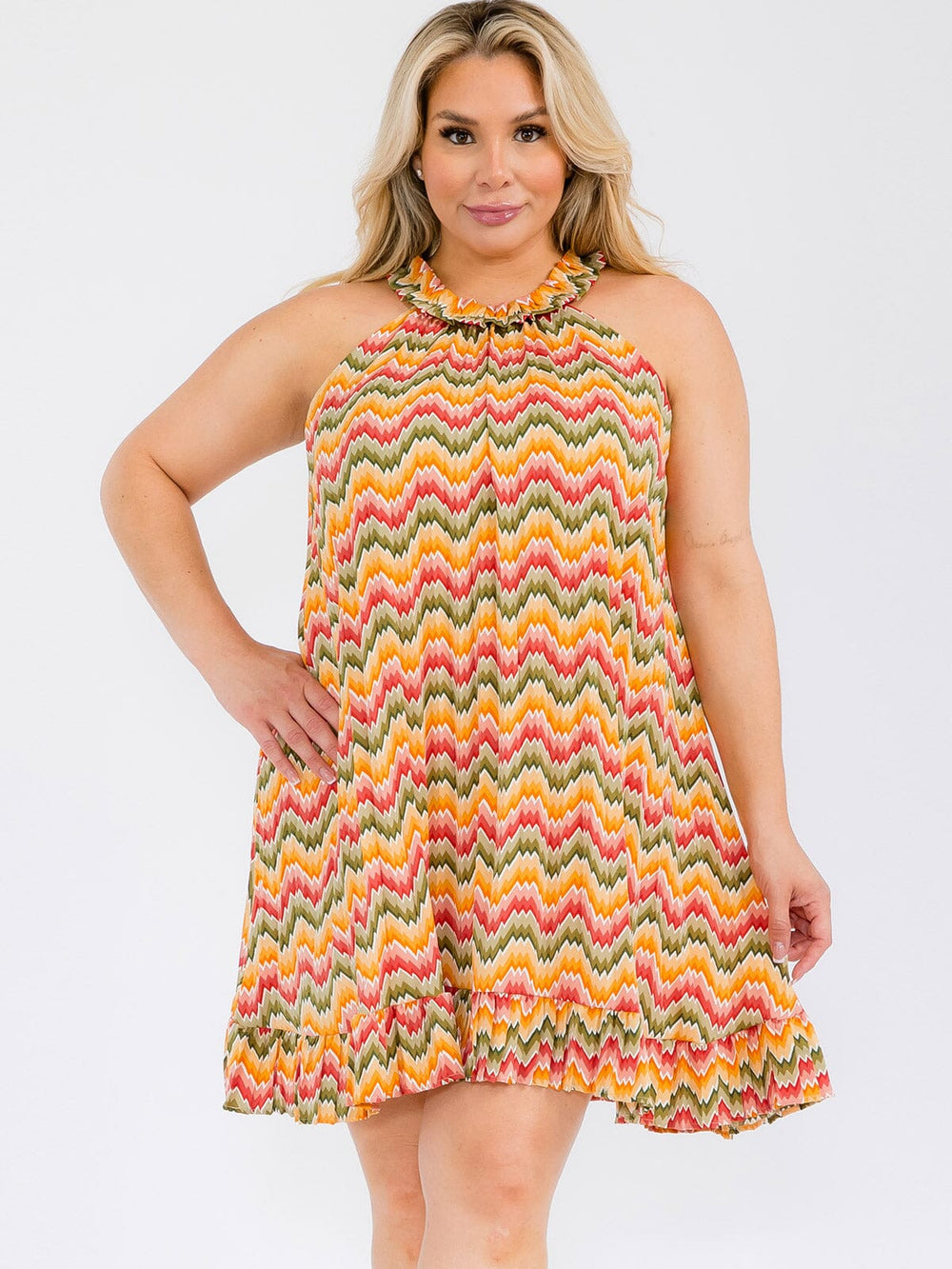 PLUS SIZE SLEEVELESS MULTI PRINT PLEATED TUNIC MINI DRESS