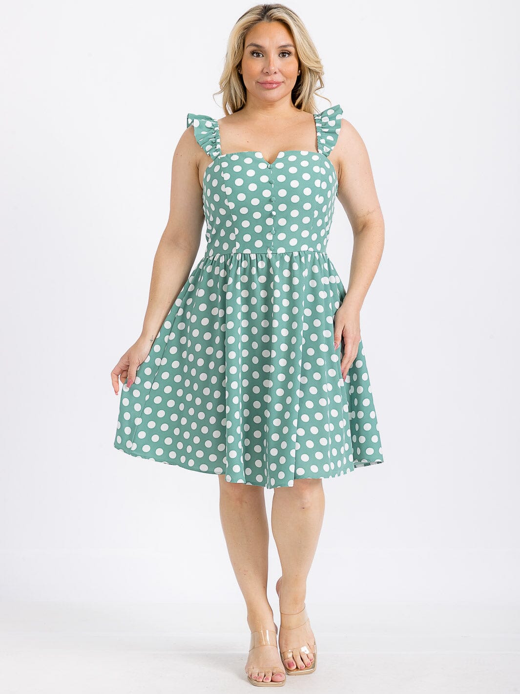 PLUS SIZE SLEEVELESS BUTTON UP POLKA DOTS FIT & FLARE MINI DRESS