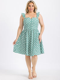 PLUS SIZE SLEEVELESS BUTTON UP POLKA DOTS FIT & FLARE MINI DRESS