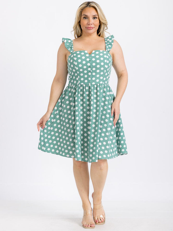 PLUS SIZE SLEEVELESS BUTTON UP POLKA DOTS FIT & FLARE MINI DRESS
