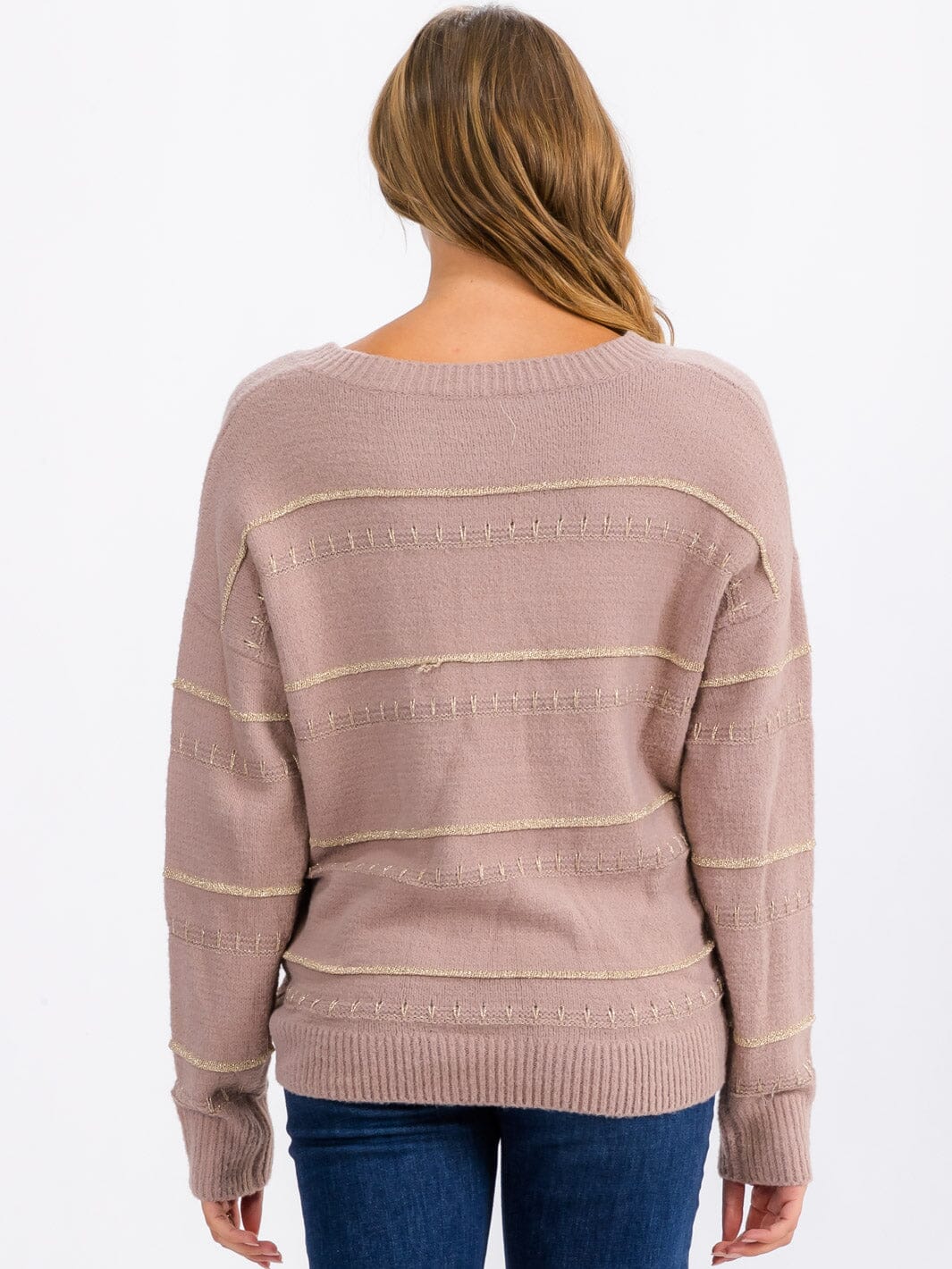WOMEN'S LONG SLEEVE V-NECK DETAILED PULLOVER SWEATER