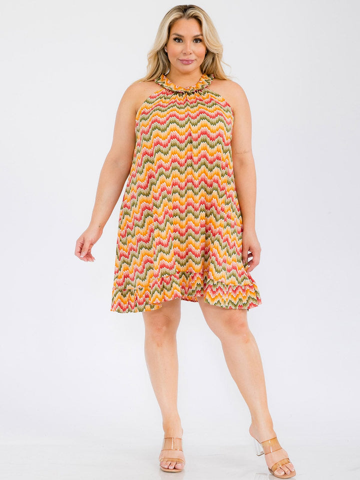PLUS SIZE SLEEVELESS MULTI PRINT PLEATED TUNIC MINI DRESS