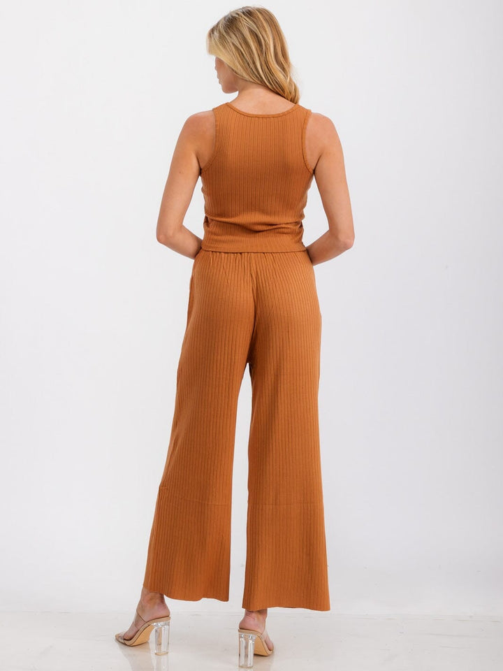 WOMEN'S SLEEVELESS TANK TOP & ELASTIC WAIST PANTS RIBBED 2PC SET