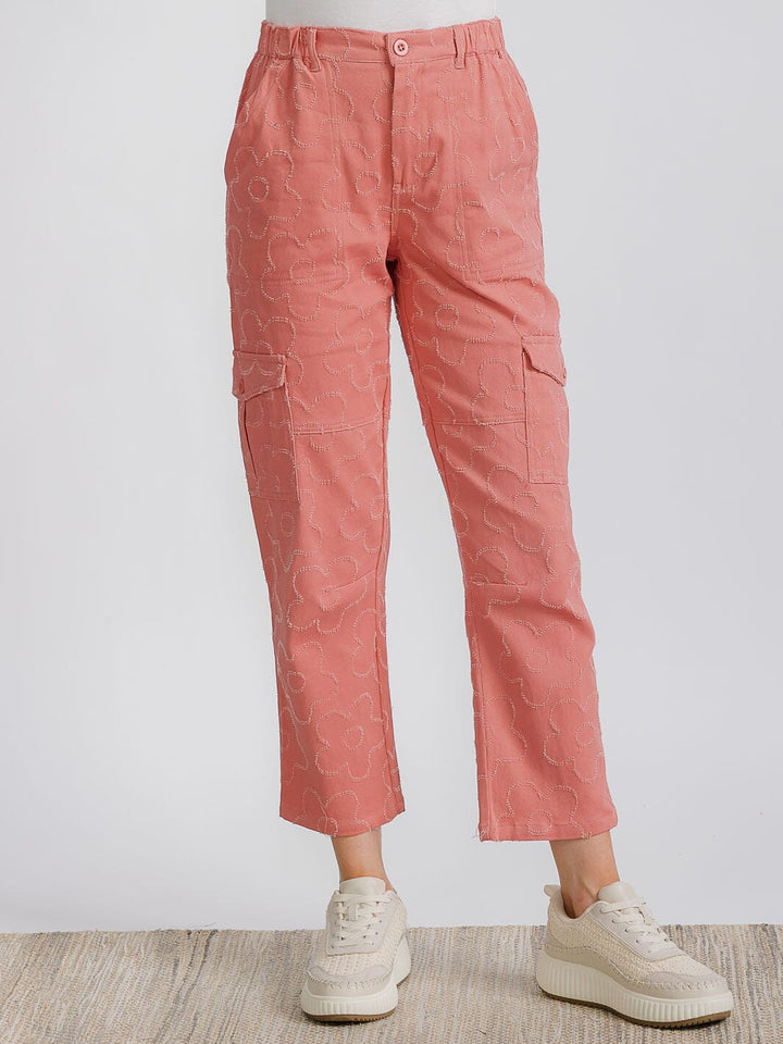 WOMEN'S BUTTON CLOSURE CARGO POCKETS FLOWER WIDE LEG PANTS
