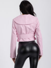 WOMEN'S LONG SLEEVE BUTTON CLOSURE PU PLEATHER BELTED JACKET
