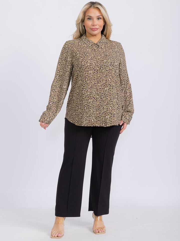 PLUS SIZE LONG SLEEVE BUTTON UP ANIMAL PRINT BLOUSE