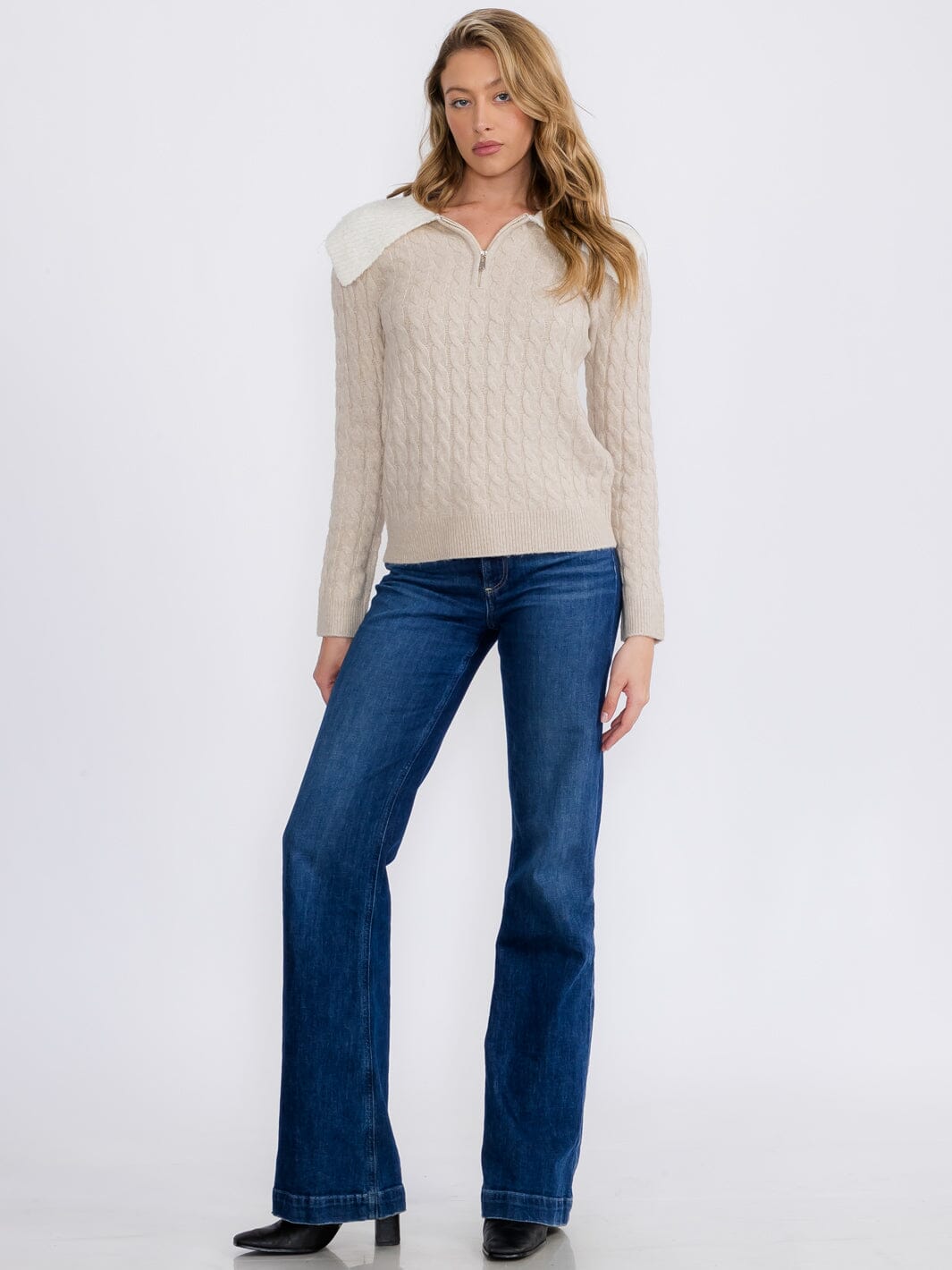 WOMEN'S LONG SLEEVE ZIP UP CABLE KNIT PULLOVER SWEATER