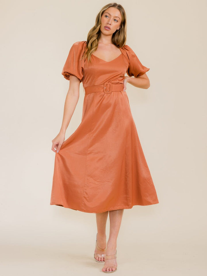 WOMEN'S SHORT PUFF SLEEVE BELTED MIDI DRESS