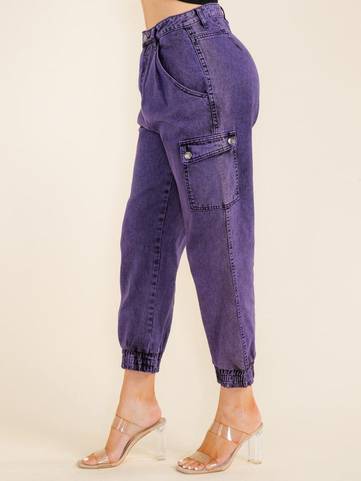 WOMEN'S BUTTON CLOSURE FRONT POCKETS WASHED JOGGER DENIM PANTS
