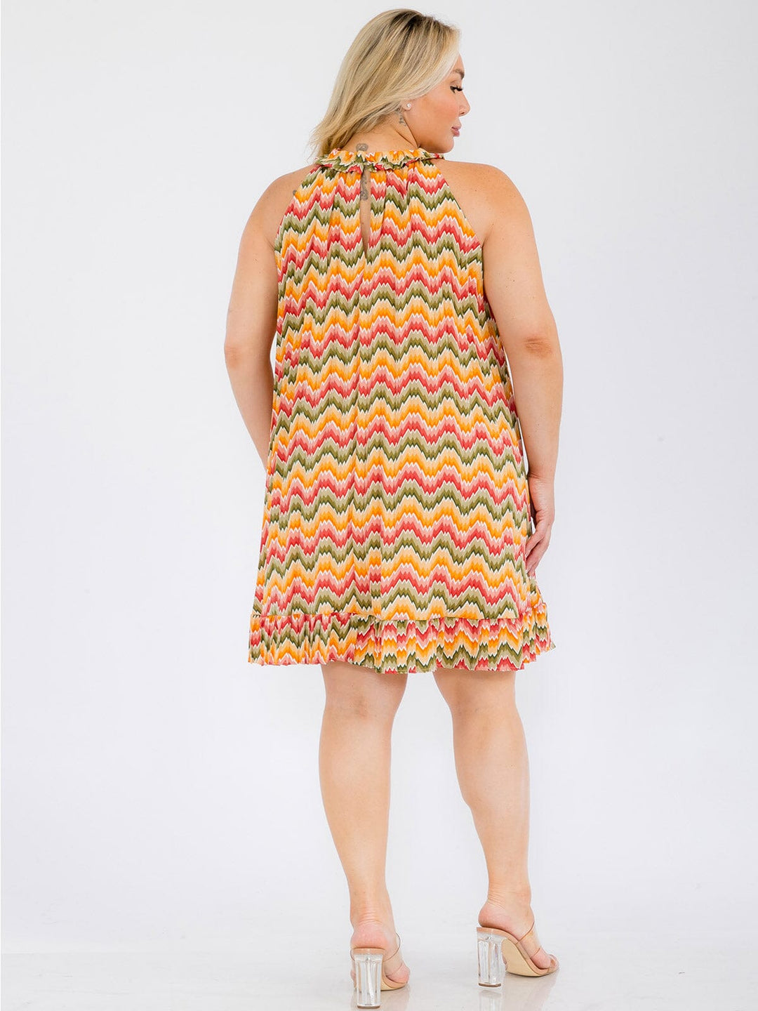 PLUS SIZE SLEEVELESS MULTI PRINT PLEATED TUNIC MINI DRESS