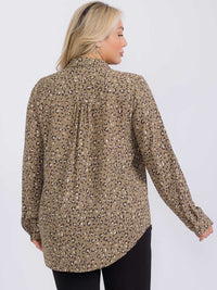 PLUS SIZE LONG SLEEVE BUTTON UP ANIMAL PRINT BLOUSE