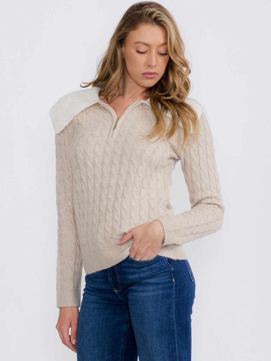 WOMEN'S LONG SLEEVE ZIP UP CABLE KNIT PULLOVER SWEATER