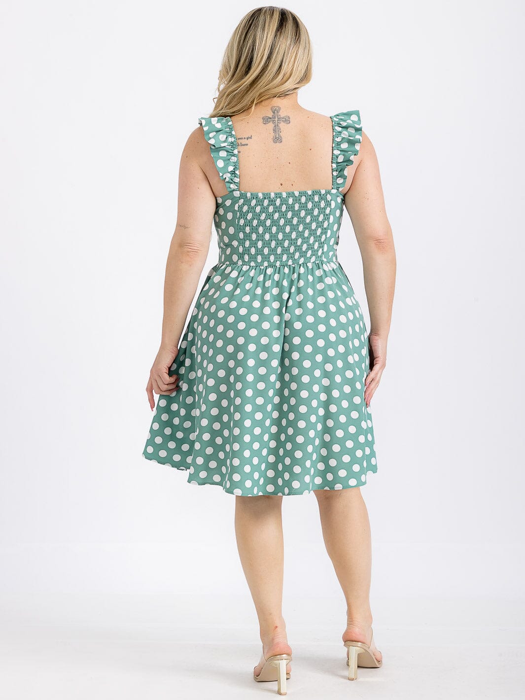 PLUS SIZE SLEEVELESS BUTTON UP POLKA DOTS FIT & FLARE MINI DRESS