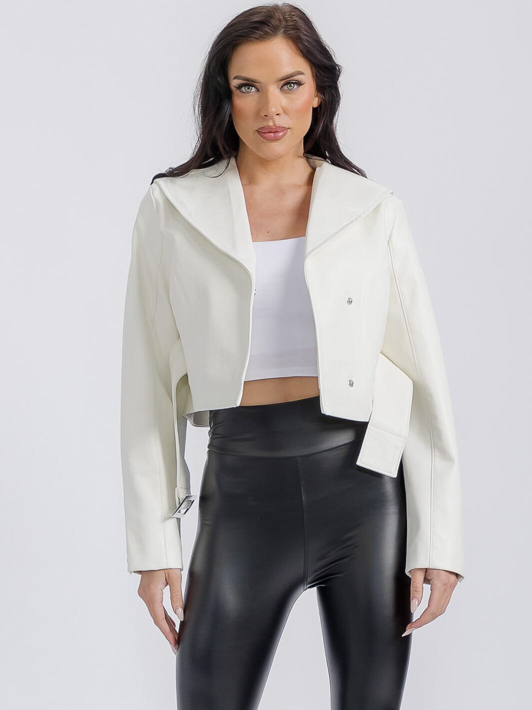 WOMEN'S LONG SLEEVE BUTTON CLOSURE PU PLEATHER BELTED JACKET