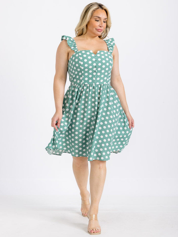PLUS SIZE SLEEVELESS BUTTON UP POLKA DOTS FIT & FLARE MINI DRESS