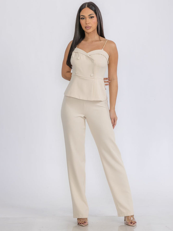 WOMEN'S SLEEVELESS SURPLICE BUTTONS DETAILED WIDE LEG JUMPSUIT