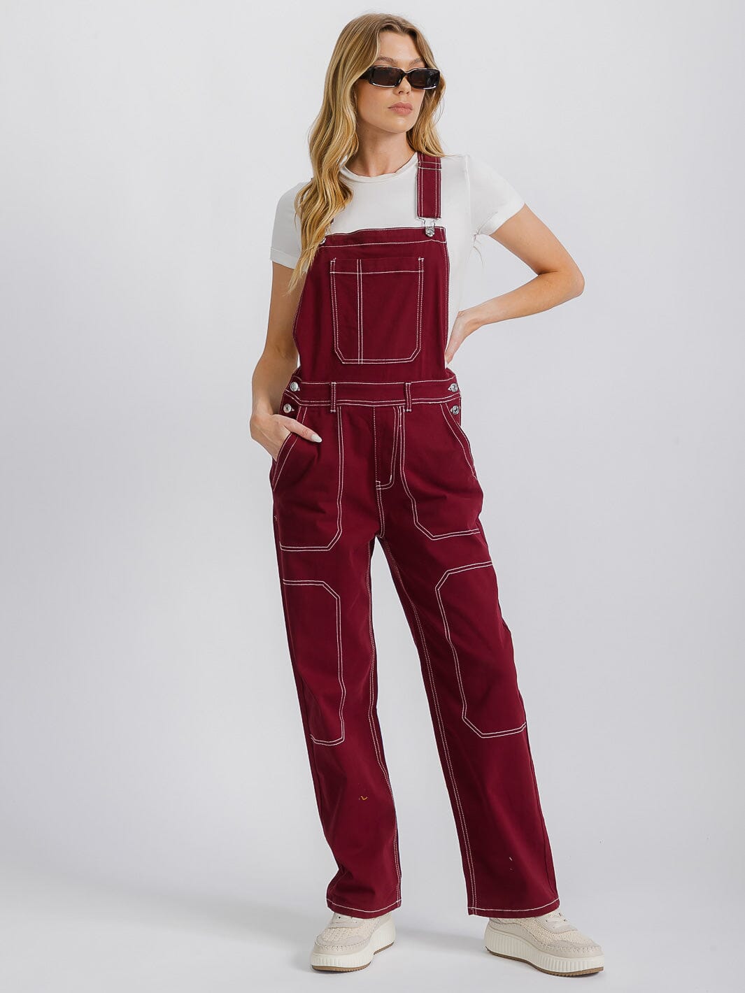WOMEN'S BUTTON CLOSURE POCKETS WIDE LEG DENIM OVERALL