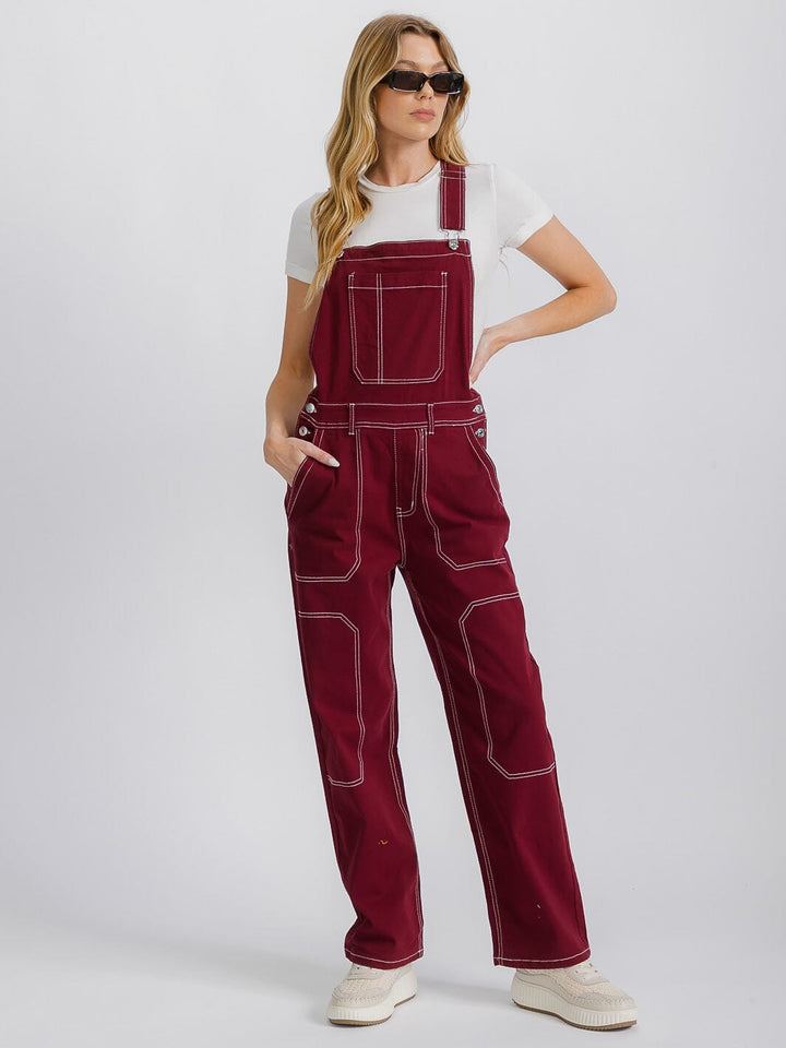 WOMEN'S BUTTON CLOSURE POCKETS WIDE LEG DENIM OVERALL