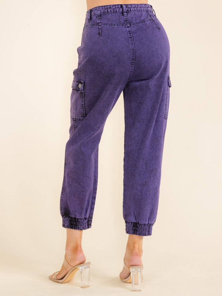 WOMEN'S BUTTON CLOSURE FRONT POCKETS WASHED JOGGER DENIM PANTS