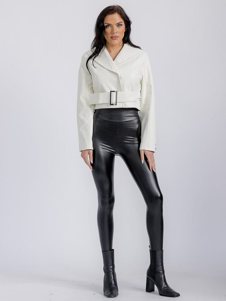 WOMEN'S LONG SLEEVE BUTTON CLOSURE PU PLEATHER BELTED JACKET
