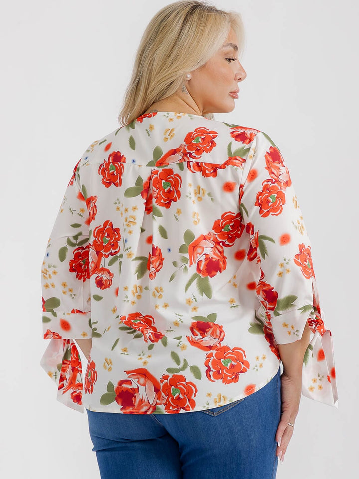 PLUS SIZE 3/4 SLEEVES V-NECK FLORAL PRINT BLOUSE