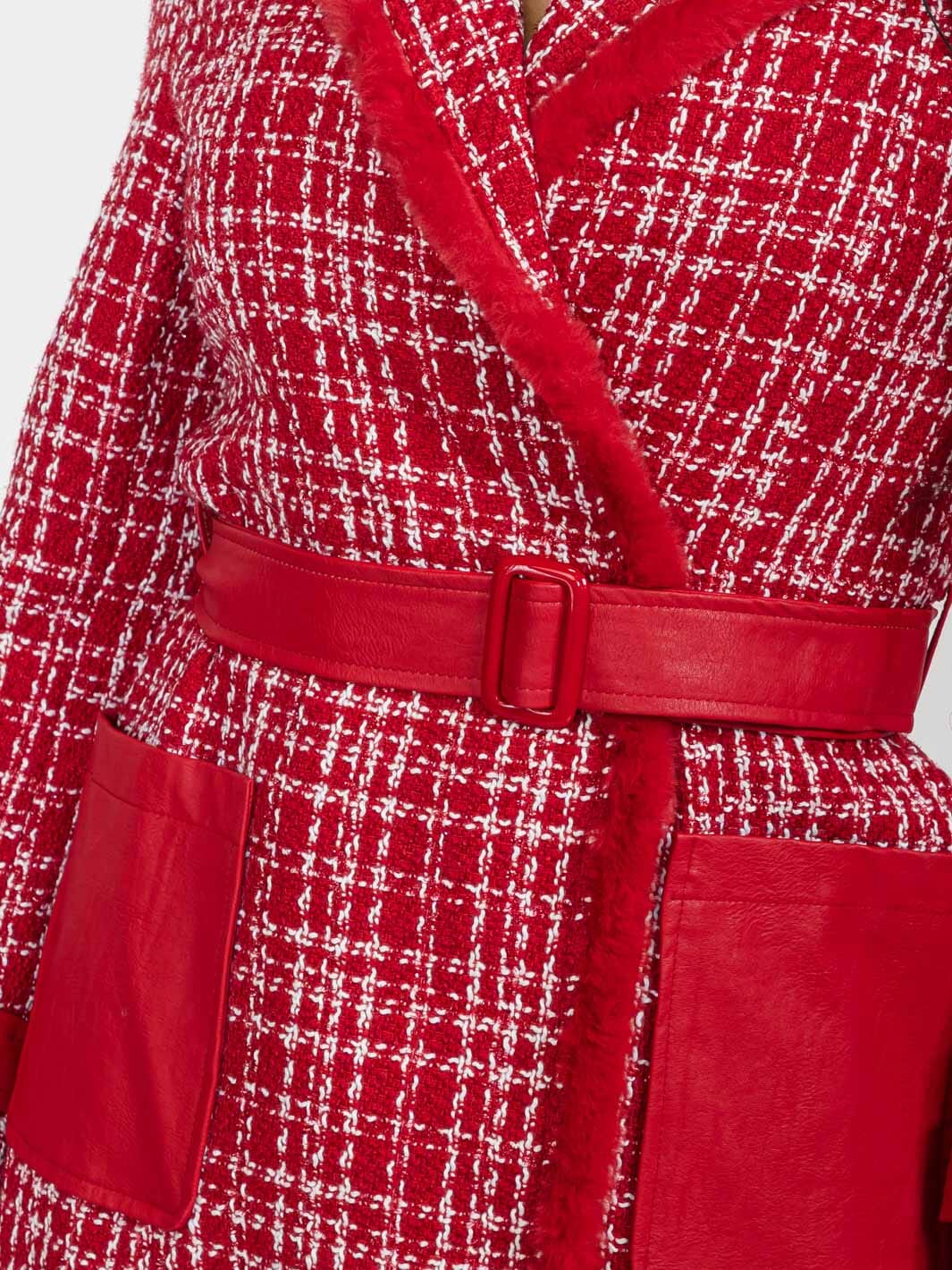 WOMEN'S LONG SLEEVE BUTTON CLOSURE FRONT POCKETS PLAID TWEED COAT