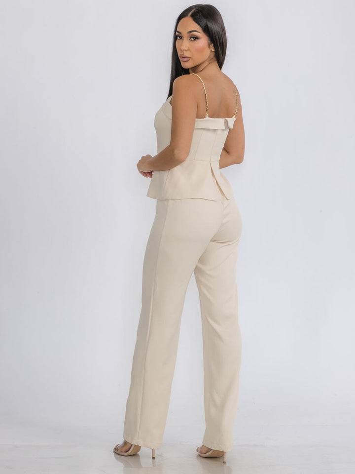 WOMEN'S SLEEVELESS SURPLICE BUTTONS DETAILED WIDE LEG JUMPSUIT