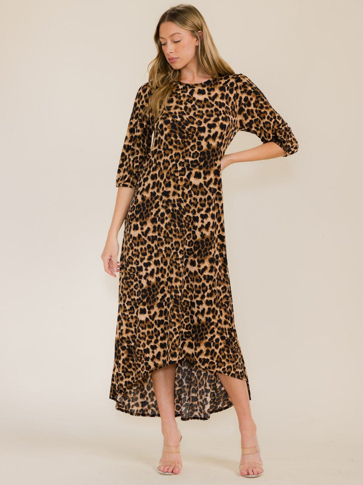 WOMEN'S 3/4 SLEEVE FRONT POCKETS ANIMAL PRINT HIGH-LOW MAXI DRESS