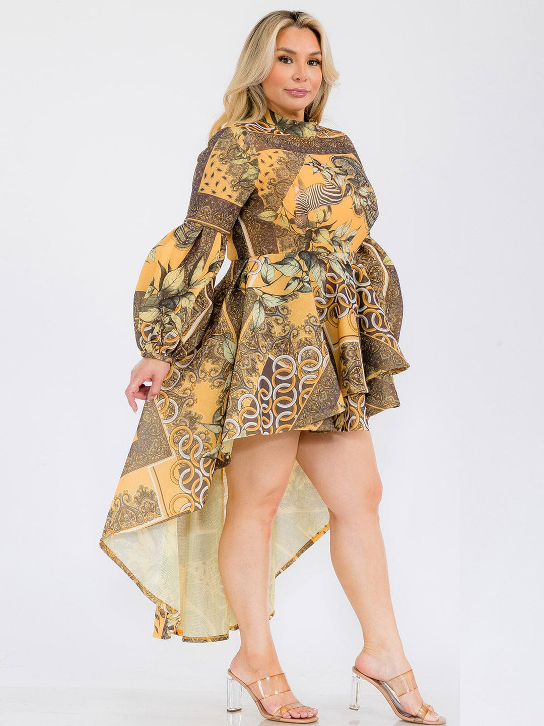 PLUS SIZE LONG BALLON SLEEVE HIGH-LOW RUFFLE MULTI PRINT MINI DRESS