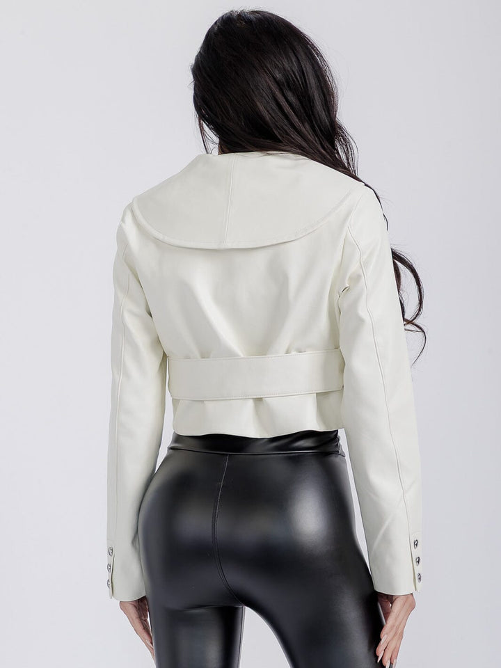 WOMEN'S LONG SLEEVE BUTTON CLOSURE PU PLEATHER BELTED JACKET