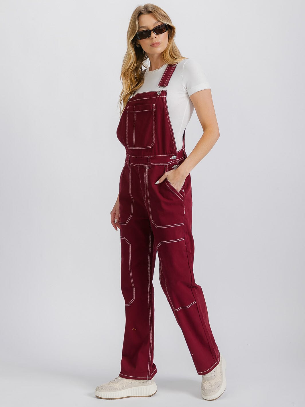 WOMEN'S BUTTON CLOSURE POCKETS WIDE LEG DENIM OVERALL