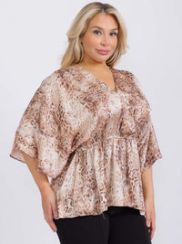 PLUS SIZE SHORT SLEEVE V-NECK ELASTIC WAIST ANIMAL PRINT BLOUSE